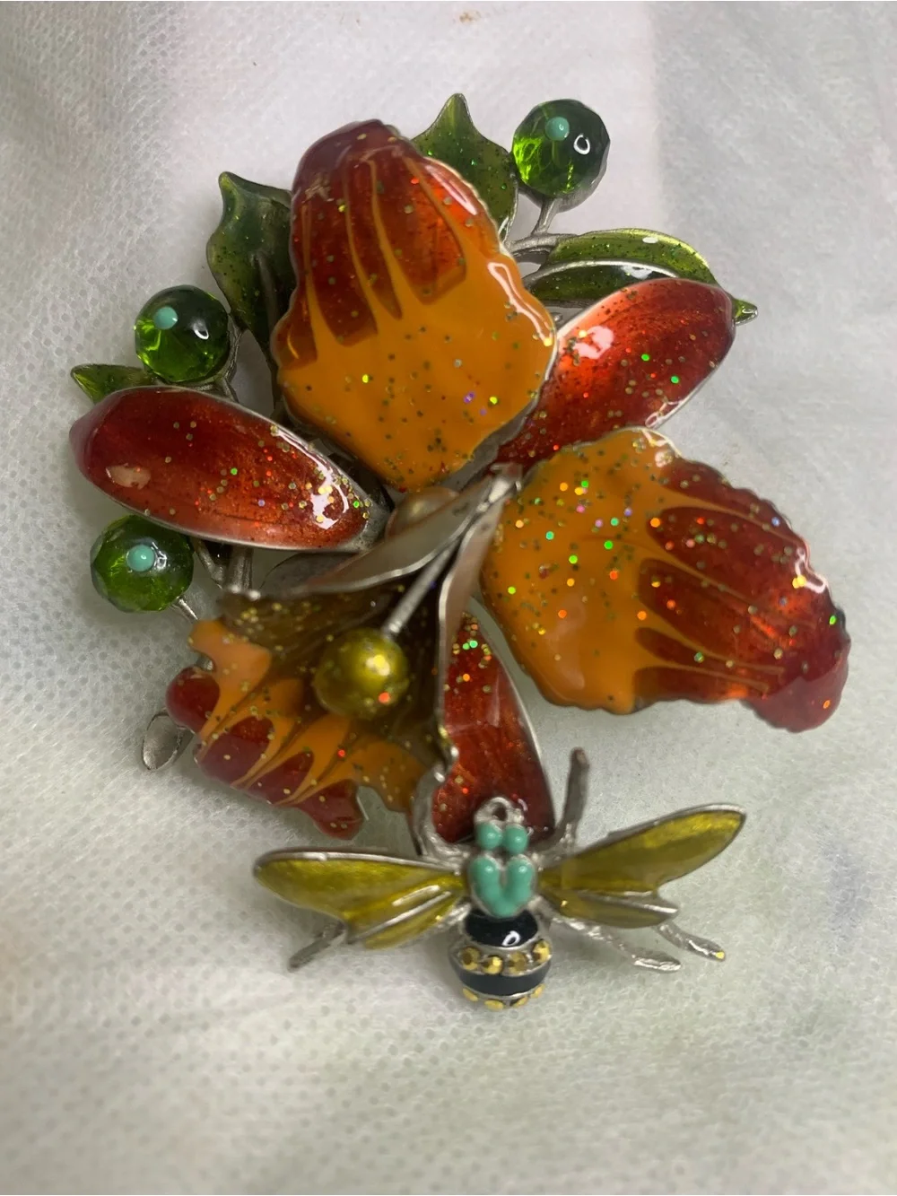 Hand-Painted Orange and Red Floral Brooch with Bee Accent